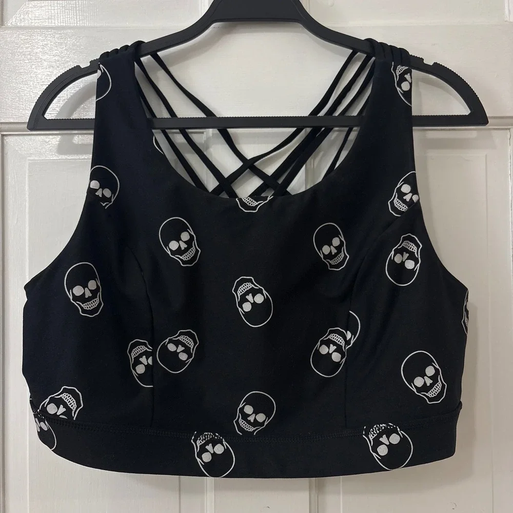 Torrid Active Sports Bra 2 2X 18-20 Skull Strappy Back Crop Top Punk Goth Spooky
